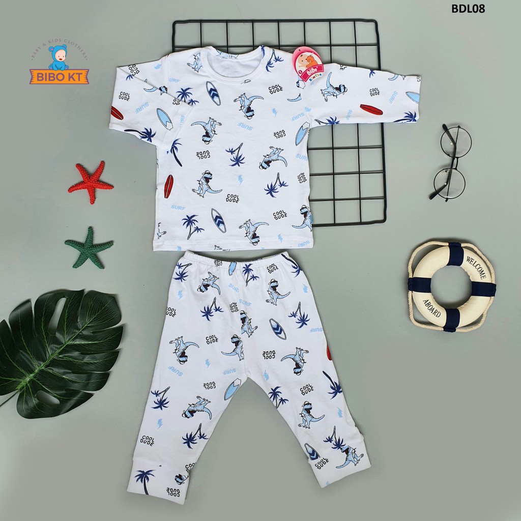 Bộ cổ viền tay dài cotton 100% 4 chiều co giãn êm ái hình họa tiết Dino dùng mặc ở nhà Bibo Kim Thu size1-6(6-18kg)