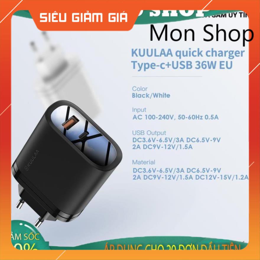 Cốc Sạc Nhanh 2 Cổng USB - Type C QC3.0 KuuLaa 36W dành cho Xiaomi Iphone Huawei OPPO MON SHOP SHOP