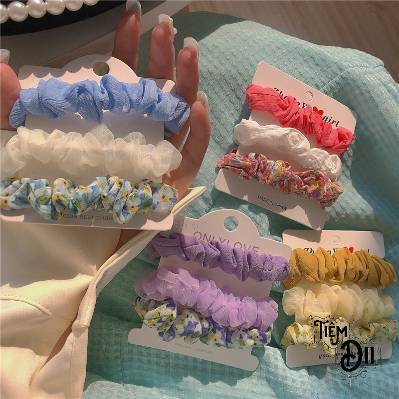 Set 3 Scrunchies Mini Chun Buộc Tóc Vải Chun Cột Tóc VinTage Dễ Thương Quà Tặng Cho Cô Nàng Bánh Bèo