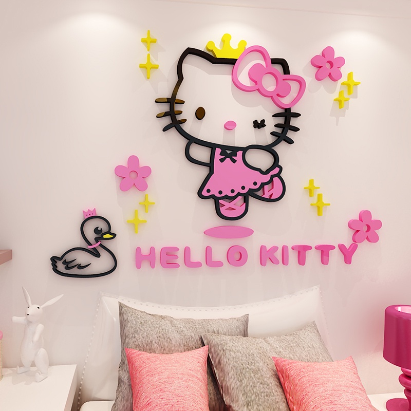 KT Hello Kitty dán tường acrylic phim hoạt hình phòng trẻ em trang trí phòng ngủ bé gái bức tranh mica ký túc xá đầu giường nền tường 3d dán tường acrylic ba chiều trang trí phòng