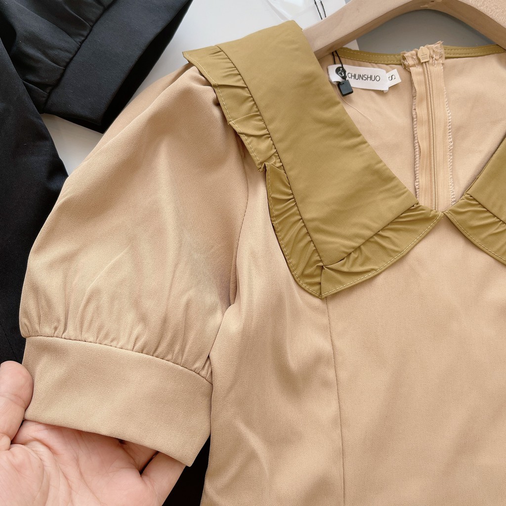 VÁY KAKI DÁNG A SIÊU GỌN MIX CỔ BÈO TIỂU THƯ DK153 | BigBuy360 - bigbuy360.vn