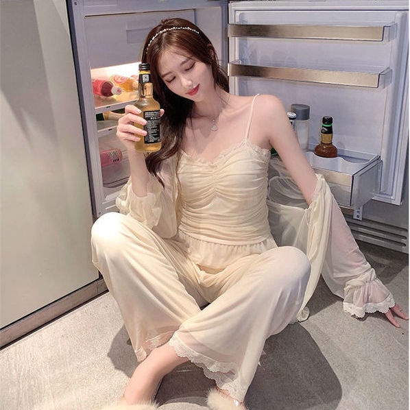 Bộ đồ ngủ ba món phối ren màu trơn thời trang xuân thu cho nữ (có bán lẻ)