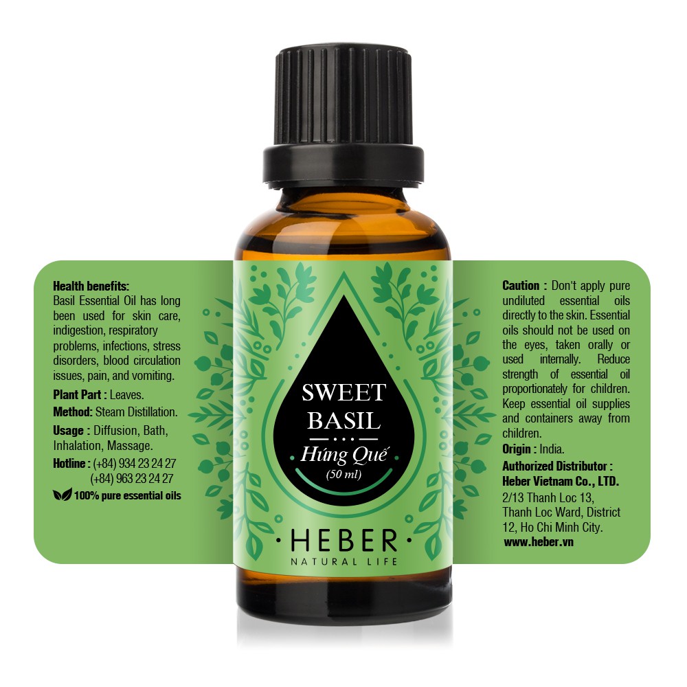 Tinh Dầu Húng Quế Heber Natural Life- Sweet Basil, Cao Cấp Nhập Khẩu, Thiên Nhiên Nguyên Chất, Chai 10ml/30ml/50ml