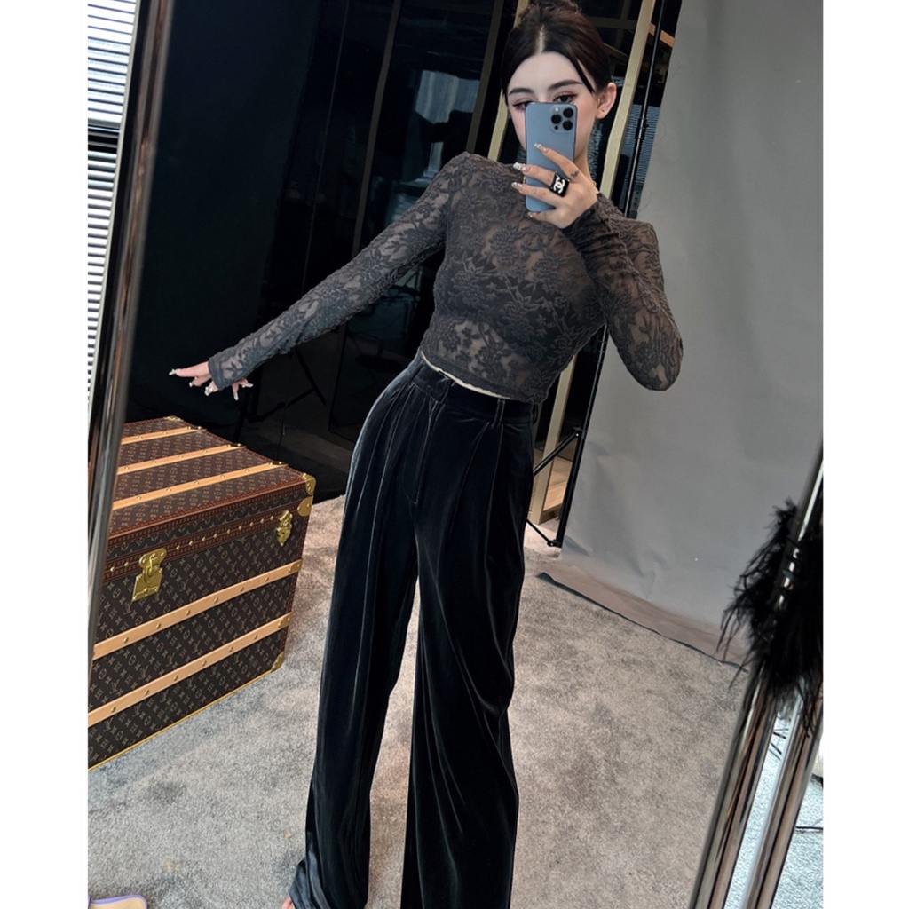 Áo Kiểu Tay Dài Phối Ren Hoa Thiết Kế Quyến Rũ Hợp Thời Trang