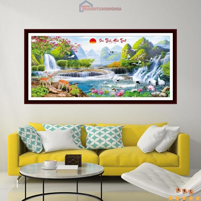 Tranh đính đá, tranh thêu chữ thập phong cảnh sơn thủy hữu tình