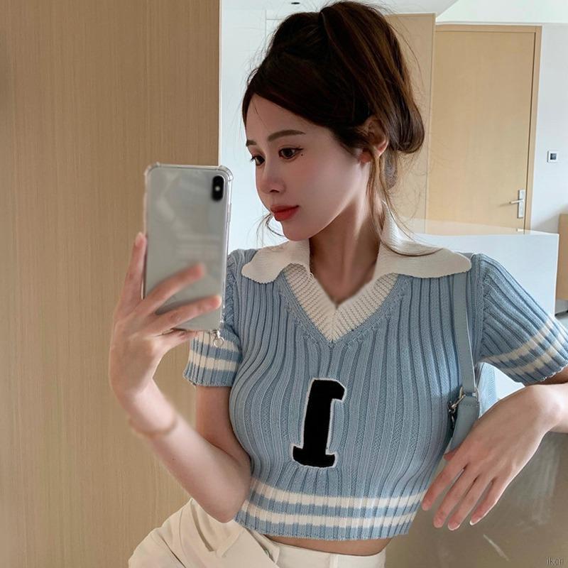 Áo croptop dệt kim tay ngắn cổ chữ V dáng ôm thời trang cho nữ