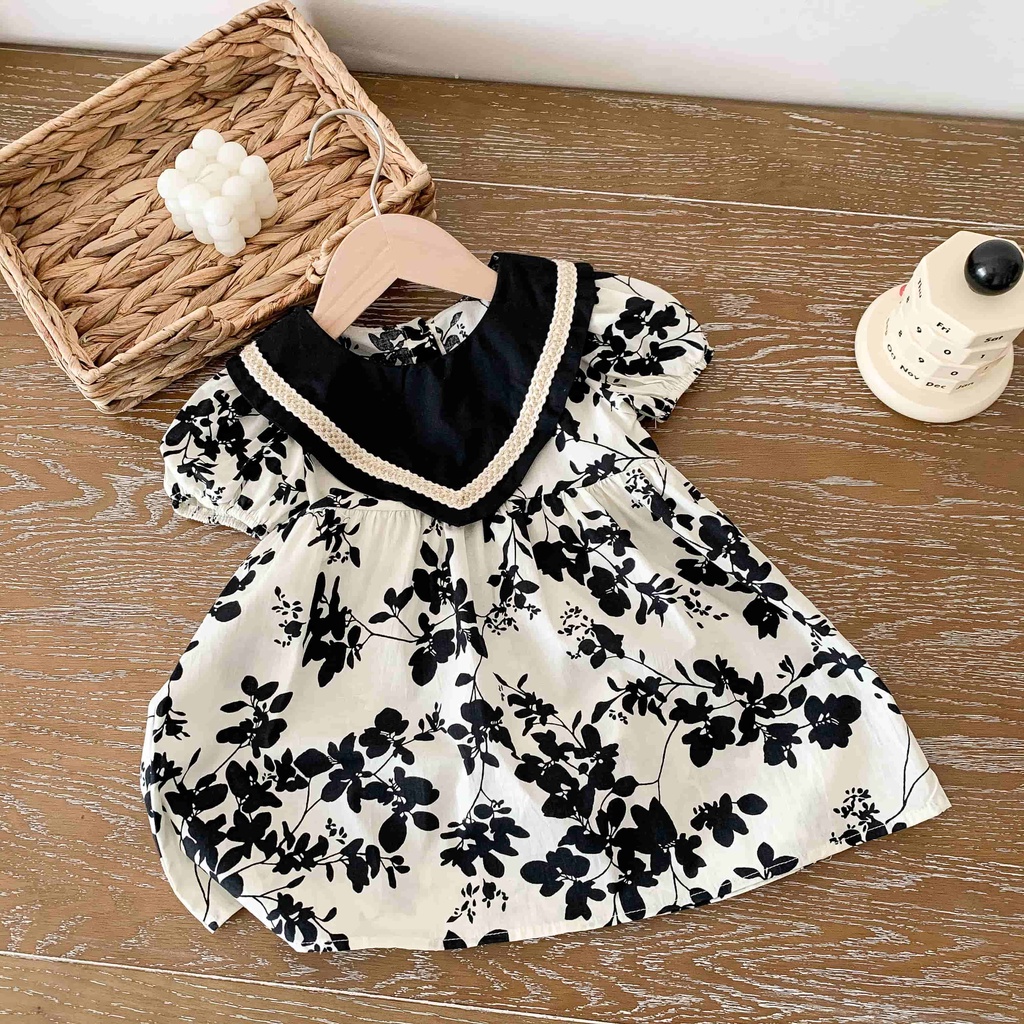 Bộ Đầm Liền Quần In Hoa Màu Đen Dành Cho Bé Gái 0-6 Tuổi