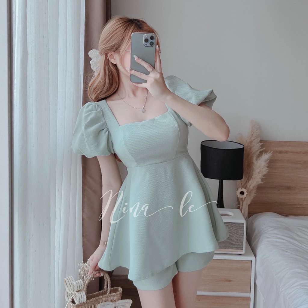 Sét bộ áo tay phồng cổ vuông phối quần đùi màu sắc dịu dàng (Hồng, Xanh, Trắng) thời trang nữ dự tiệc, đi chơi