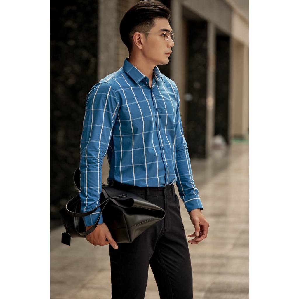 Áo Sơ Mi Americus Gosani Caro Phom Slimfit Màu Nâu Và Xanh Dương