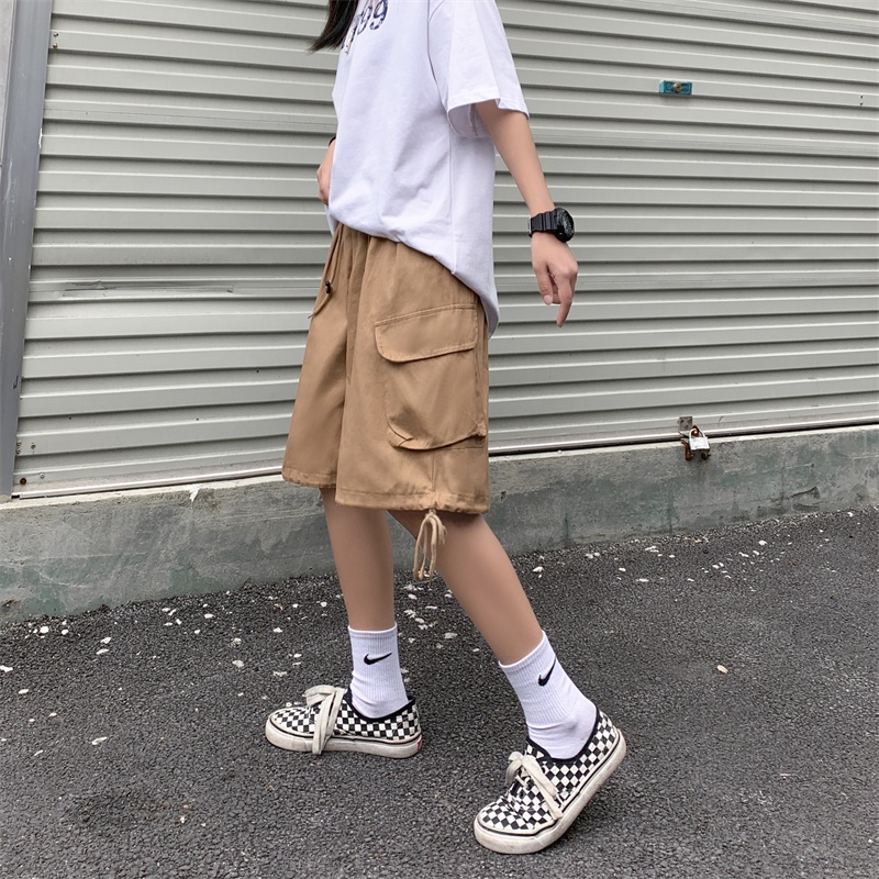 Quần ngắn ống rộng Lưng Cao Phối Dây Rút Có 3 Màu Thời Trang Retro Cho Nữ