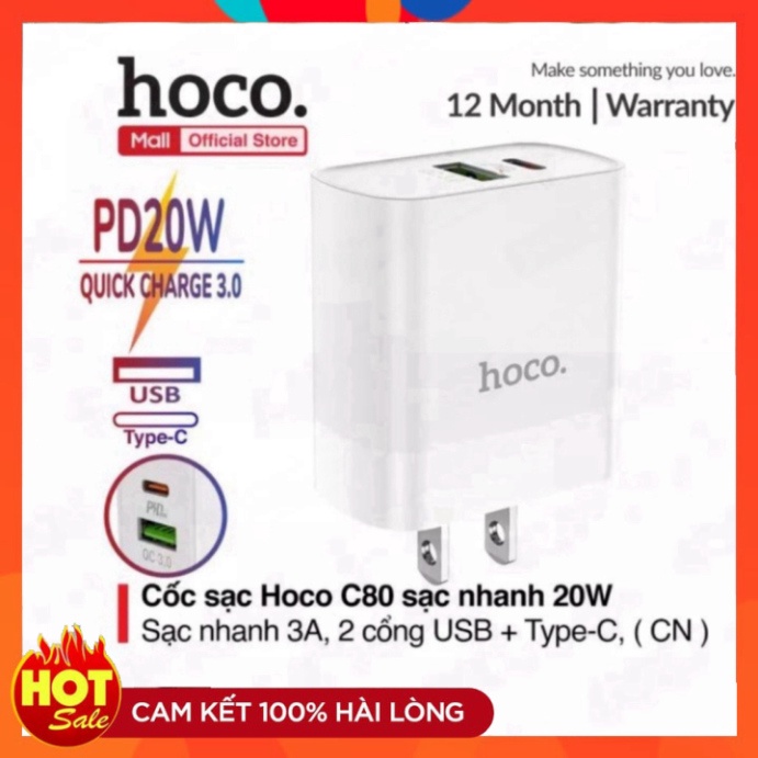 Củ Sạc Nhanh 20w Hoco C80. 2 Cổng Đầu Vào usb và type c. Chuẩn Sạc Nhanh PD 20W/3.0A (UY TÍN TẠO NIỀM TIN)