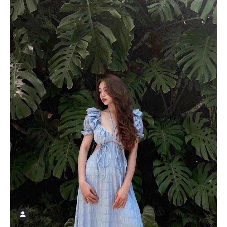 Đầm xanh cut out lưng viền bèo tiểu thư sang chảnh