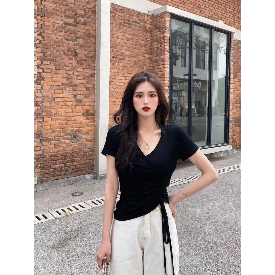 Áo Nhún Eo, Áo Kiểu Cổ V Ta Ngắn Bo Eo Thun Cotton Màu Đen/Trắng/Xám Ghi A289