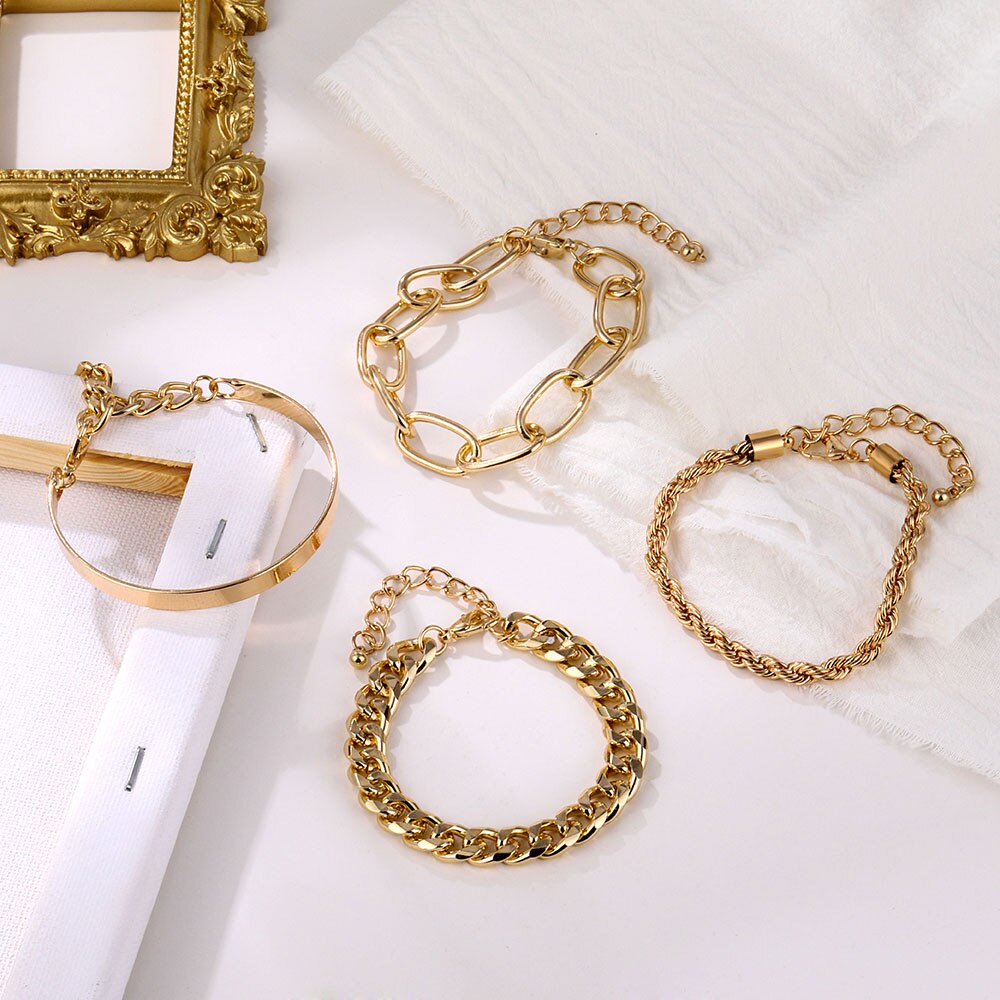 Set 4 Vòng Tay Mạ Vàng Nhiều Lớp Thiết Kế Đơn Giản Cho Nữ