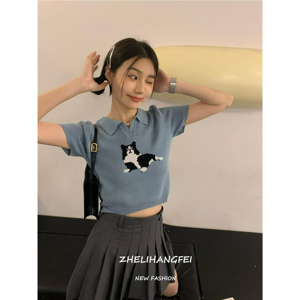 ZHELIHANGFEI Áo len dệt kim phong cách Hàn Quốc POLO cổ mèo jacquard phần mỏng mỏng phù hợp với tất cả các trận in áo đi làm ins