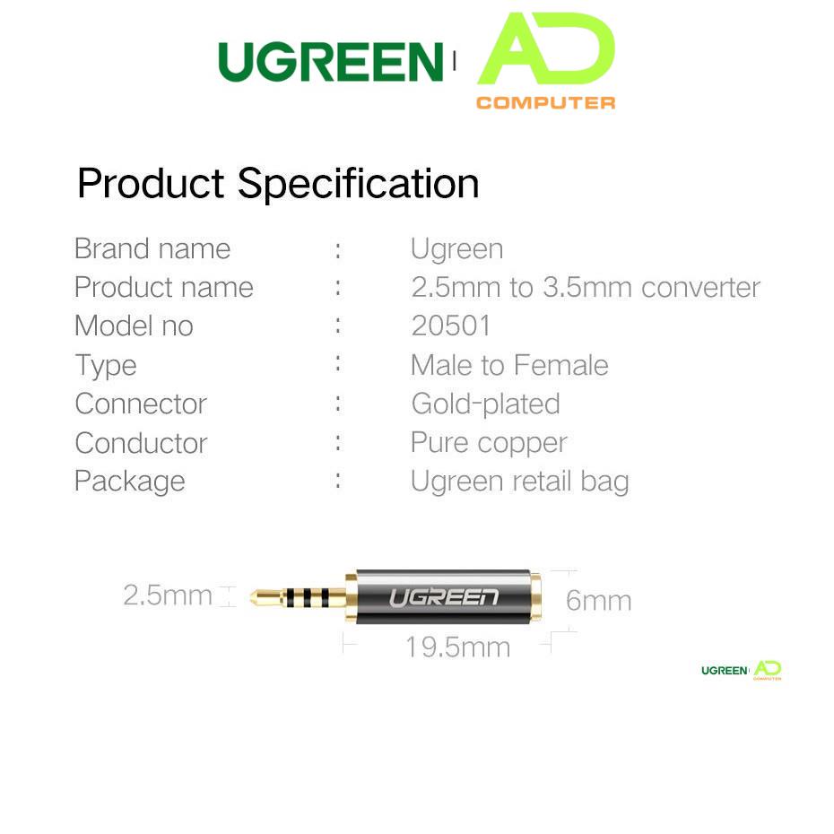 Đầu chuyển đổi 3.5mm cái sang 2.5mm đực dài 25mm UGREEN 20501- Hàng phân phối chính hãng - Bảo hành 18 tháng