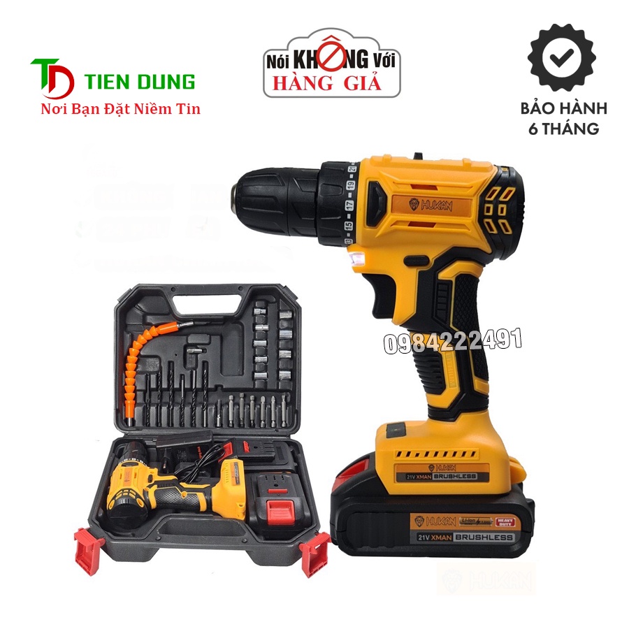 Máy Khoan Pin HUKAN 21V Không Chổi Than Tặng Kèm Bộ Phụ Kiện 24 Chi Tiết