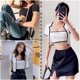 Set 2 Món Cardigan Quây Viền Đen Trắng - Bộ Đồ Basic Thun Áo Quây Croptop Kèm Áo Khoác Cộc Tay Chạy Viền Ulzzang