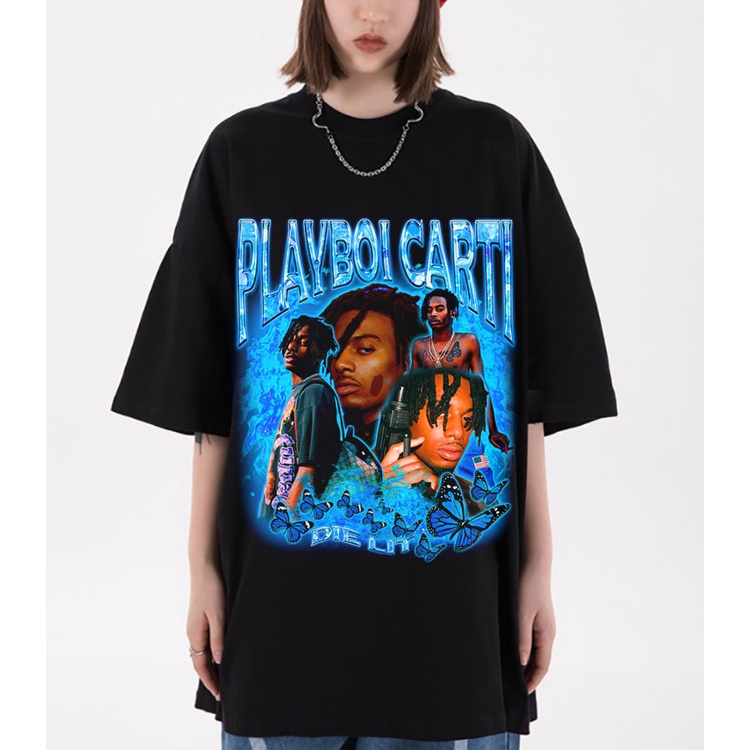 Áo Thun Vintage Playpoi Carti Tay Lỡ Unisex - Đen/Trắng Cổ Tròn | Blackwork