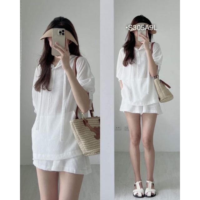 Set Đồ Nữ Đi Biển Sơ Mi Thụng Tay Lỡ Dáng Rộng Có Mũ Phối Quần Short Đùi Cạp Chun Phong Cách Ulzzang BEBEDOLL