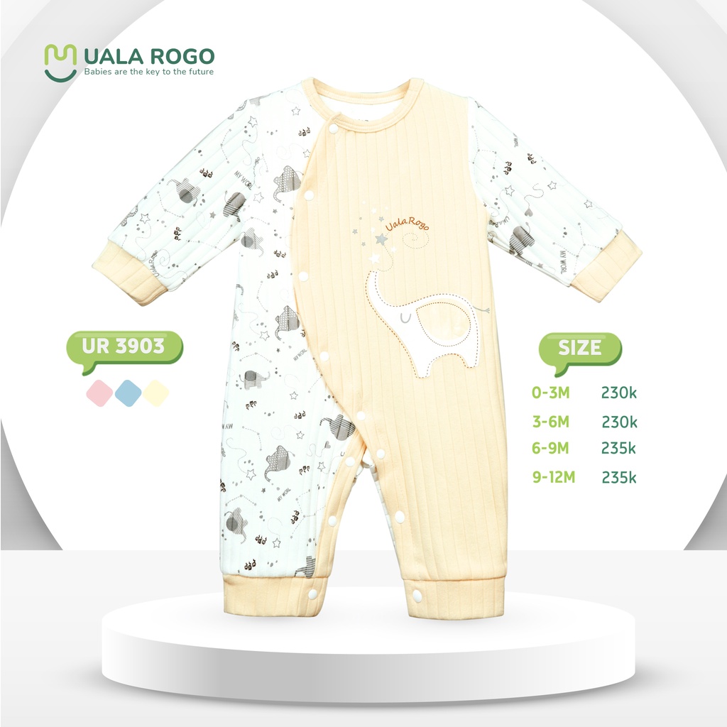 Body Uala Rogo cotton cài chéo hình con voi to cao cấp mềm mịn thấm hút tốt cho bé trai bé gái sơ sinh 3903