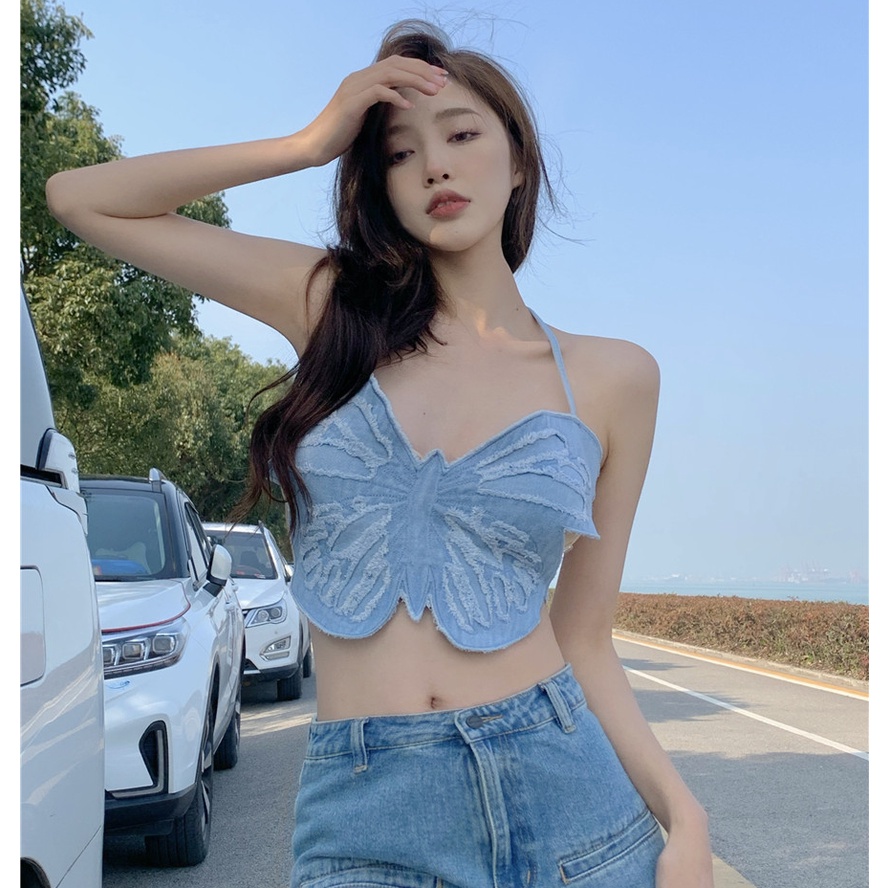 QKOOLE Áo Croptop Không Tay Phong Cách Cao Bồi Thời Trang Hàn Quốc Dành Cho Nữ