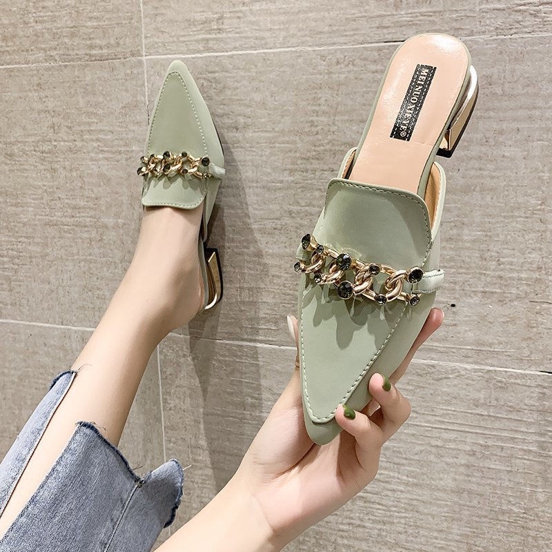 Baotou nửa dép phụ nữ 2022 mùa hè mới mũi nhọn giày mules phiên bản Hàn Quốc giày dép rhinestone phụ nữ