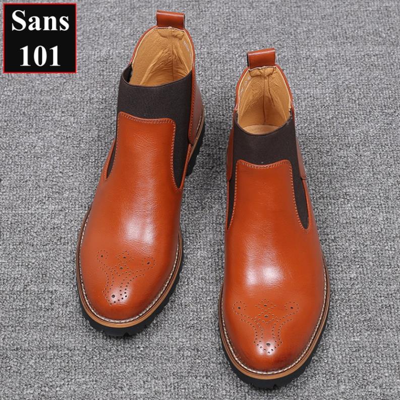 . Giày chelsea boots nam da bò thật Sans101 giầy boot cổ cao màu đen nâu bigsize 43 44 45 46 bốt cỡ sai 38 39 40 41 42 ;