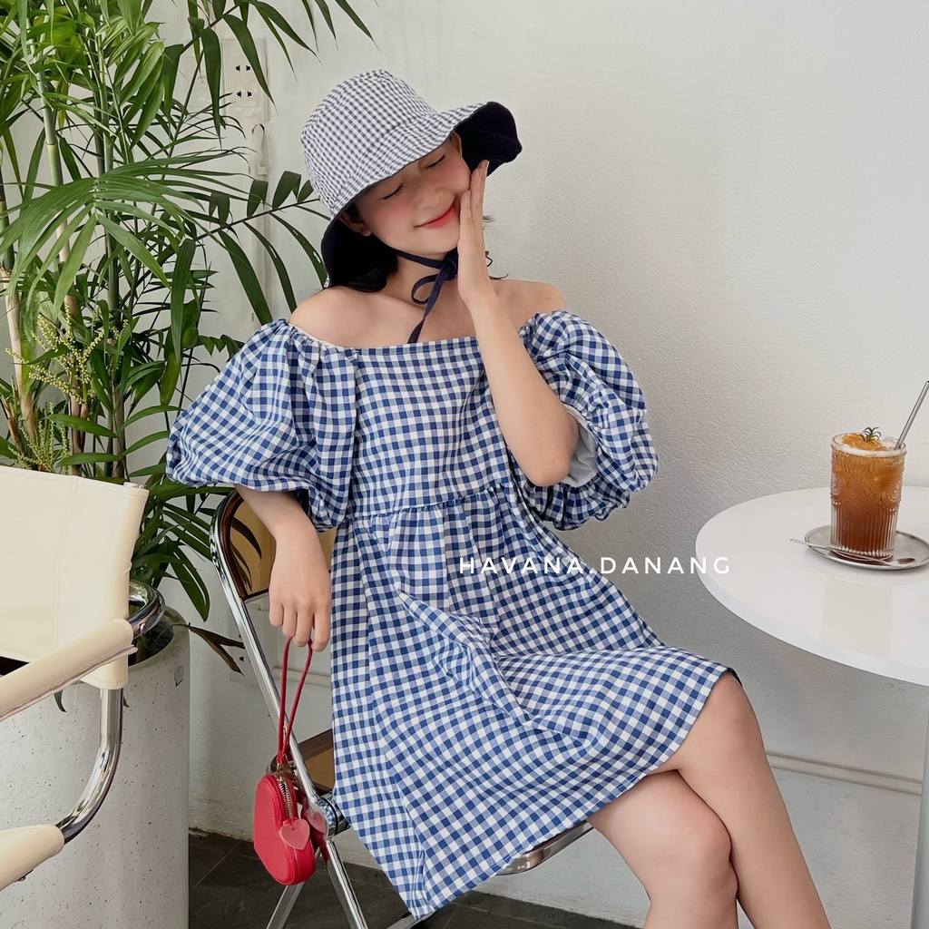 Váy babydoll caro trễ vai, babydoll tay phồng bo chun co giãn | BigBuy360 - bigbuy360.vn