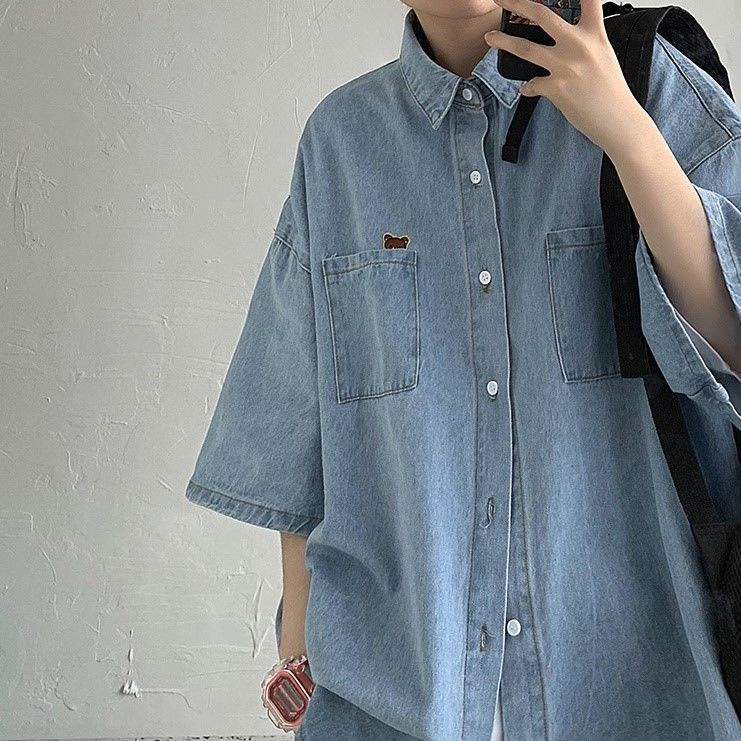 Áo Khoác Denim Tay Ngắn Dáng Rộng Màu Sắc Đơn Giản Phong Cách Nhật Bản Cho Nam Giới
