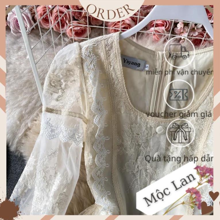 (MộcLan ORDER) Đầm cổ vuông tay dài màu be mix trắng chất voan mix ren hoa có size - hàng chuẩn | BigBuy360 - bigbuy360.vn