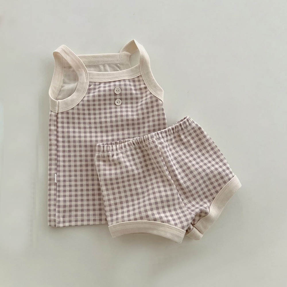 BEAR LEADER Bộ Áo Sơ Mi Không Tay + Quần Đùi Họa Tiết Caro Thời Trang Mùa Hè Cho Bé Sơ Sinh