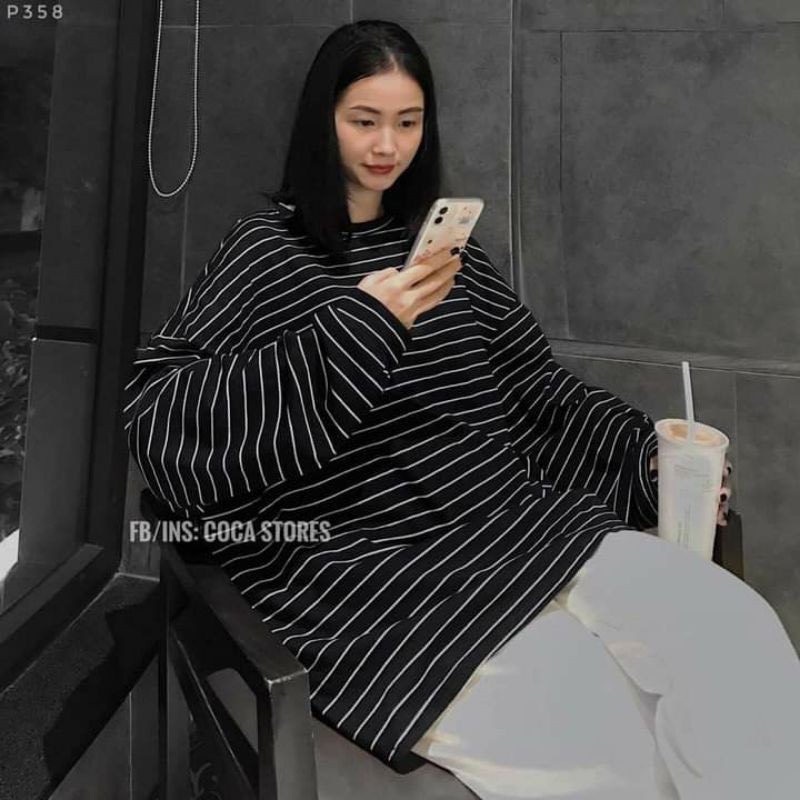 Áo thun nữ form rộng kẻ dài tay,áo phông dáng rộng hàng unisex sẵn 2 màu