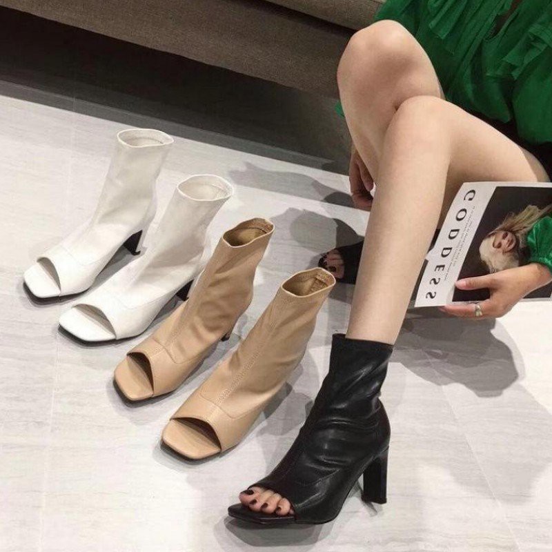 Giày boot nữ cổ cao hở mũi gót dẹp thời trang - Giày boot cao gót 7cm - Linus LN285