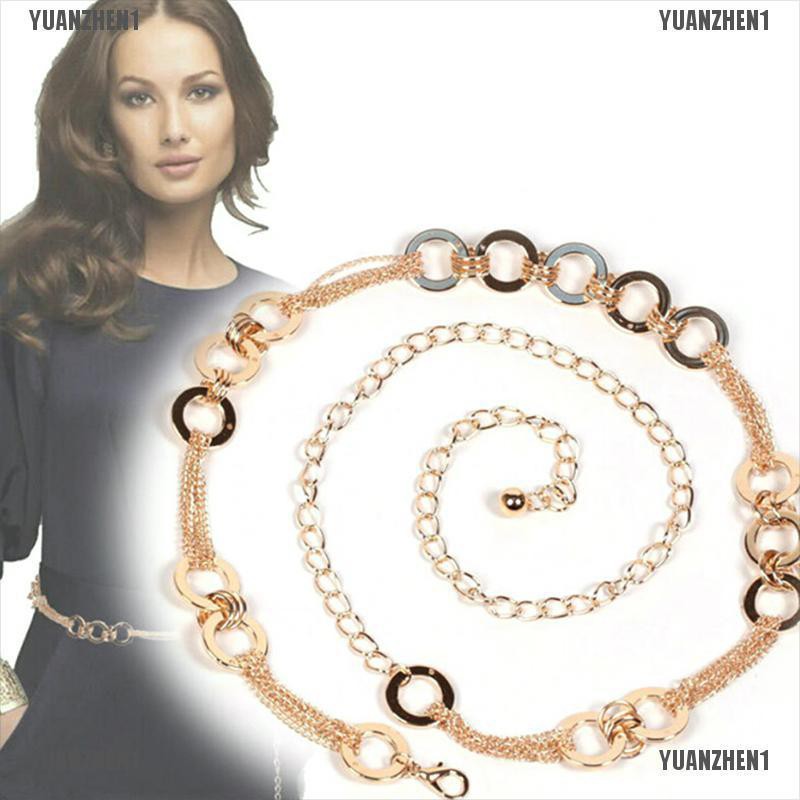 [YUANZHEN1] Thắt Lưng Dây Xích Bằng Kim Loại Đính Pha Lê Vàng Cho Nữ