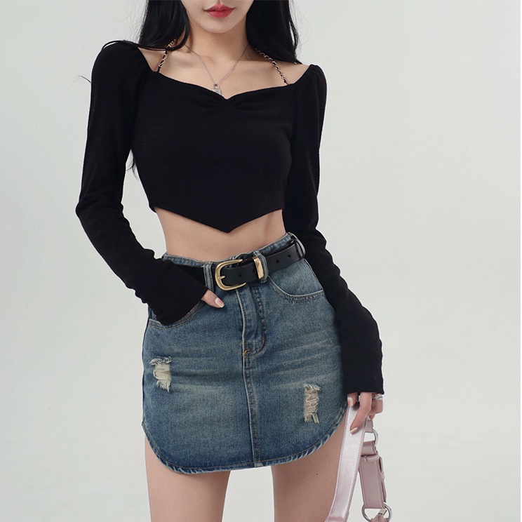 FXDAZI Áo Dài Tay Skinny!F & X Áo Thun Ngắn Hở Rốn Ôm Dáng Phối Dây Xích Thiết Kế Đầu Tiên Phong Cách Mùa Xuân Mới Quyến Rũ Cho Nữ
