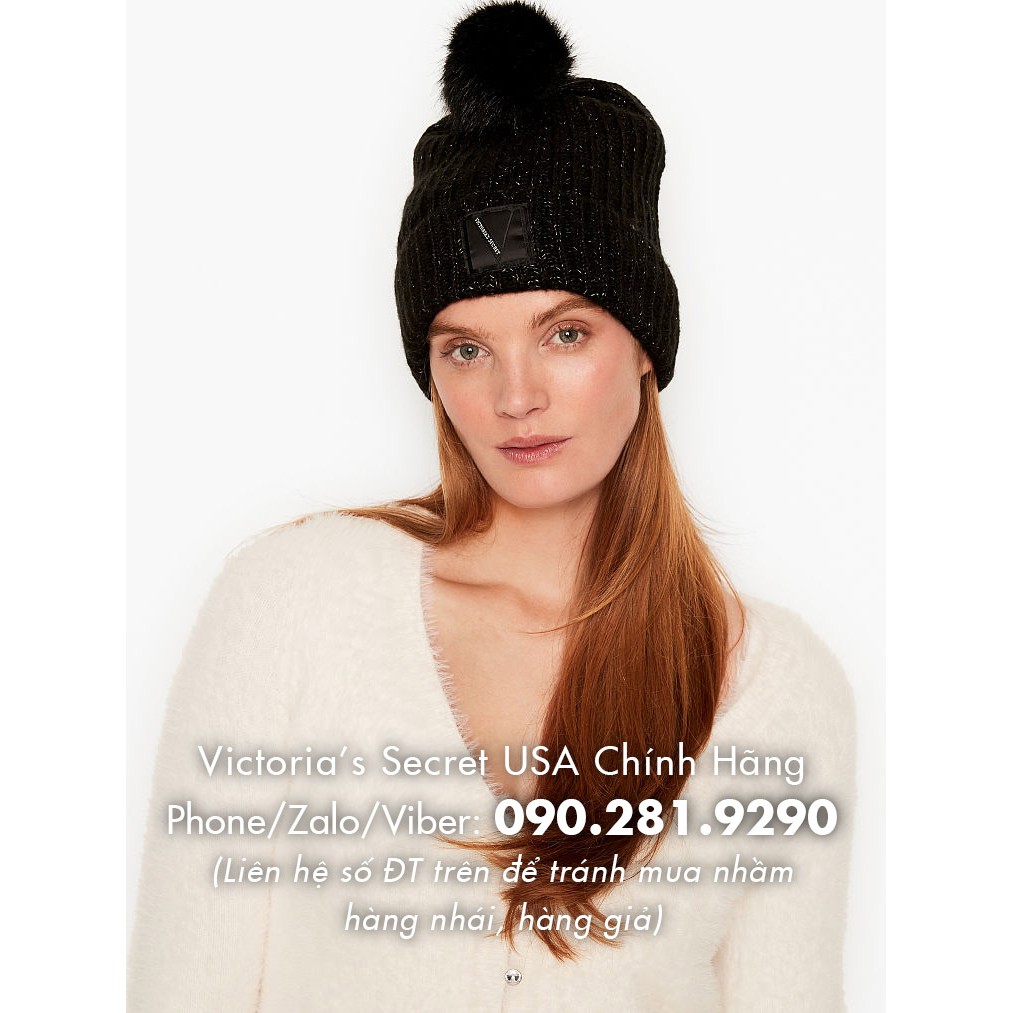 (Mũ 56) Nón len cao cấp màu đen phối tiêu, phong cách Mỹ - Hàng nhập Victoria's Secret USA