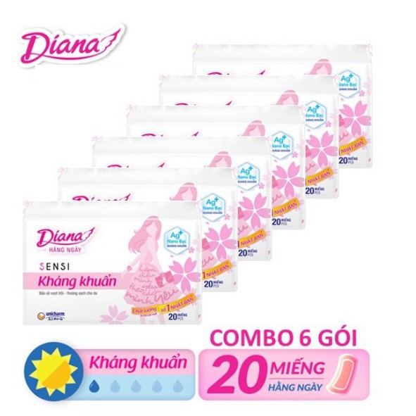Bịch 6 Gói Băng Vệ Sinh Diana Hàng Ngày Sensi Kháng Khuẩn Gói 20 Miếng