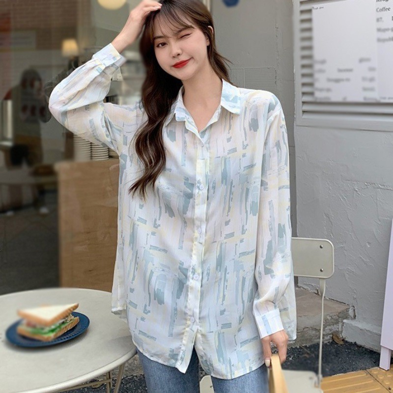 Áo sơ mi voan tay dài in họa tiết sơn dầu thời trang cho nữ