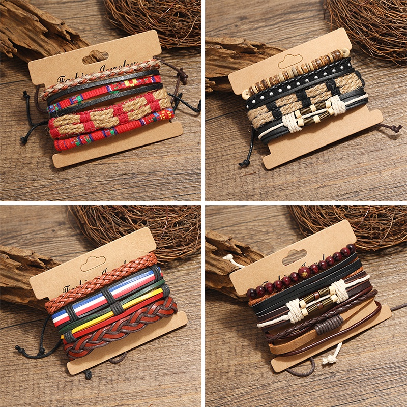 Bộ 4 Vòng Tay Da Bện Nhiều Lớp Đính Hạt Gỗ Thời Trang Cho Nam Nữ