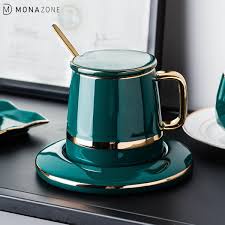 Cốc cà phê sứ xanh cổ vịt phong cách Bắc Âu tặng kèm đĩa và thìa