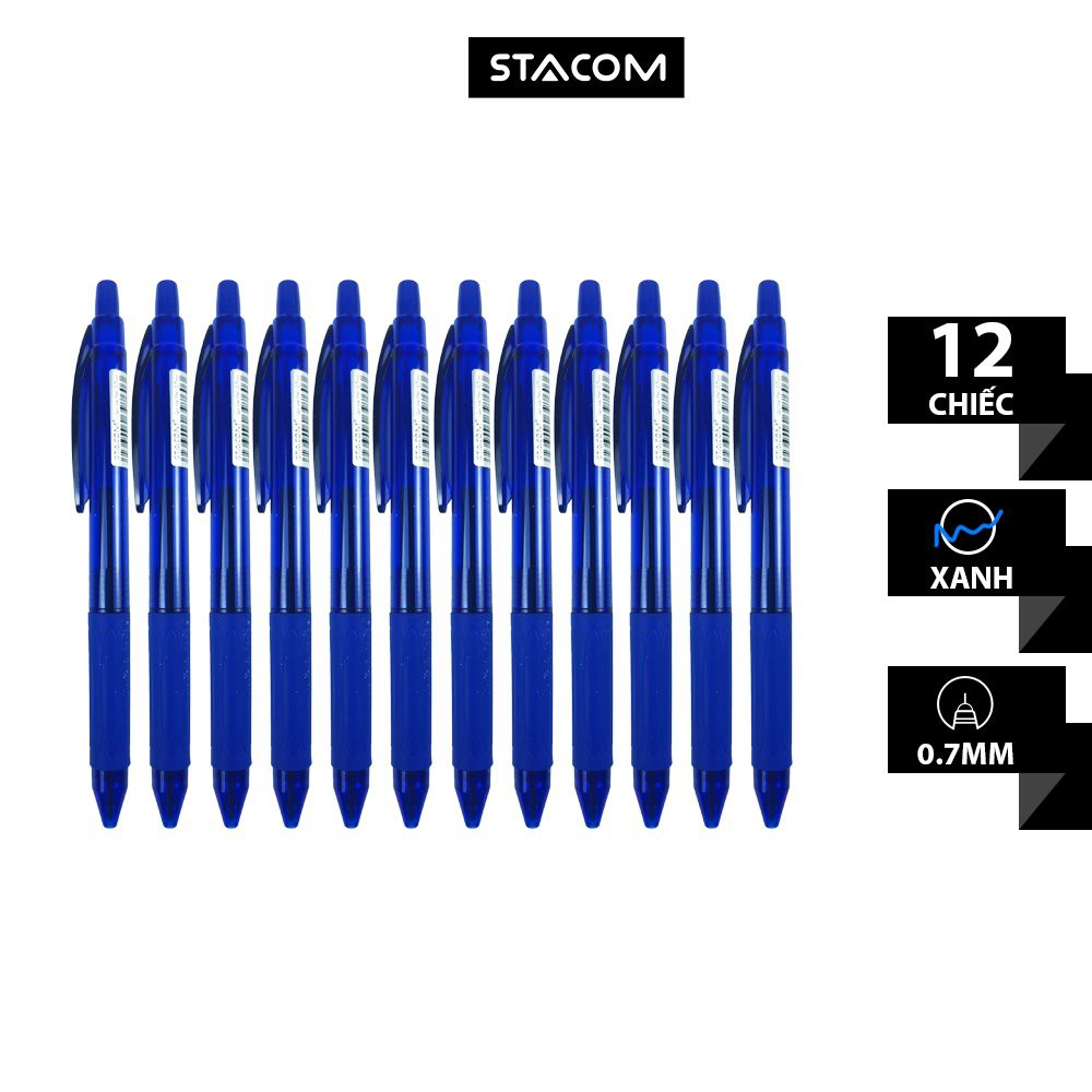 Bút đầu bấm mực gel nét 0.7mm grip cao su mềm, mực xanh STACOM/GP105