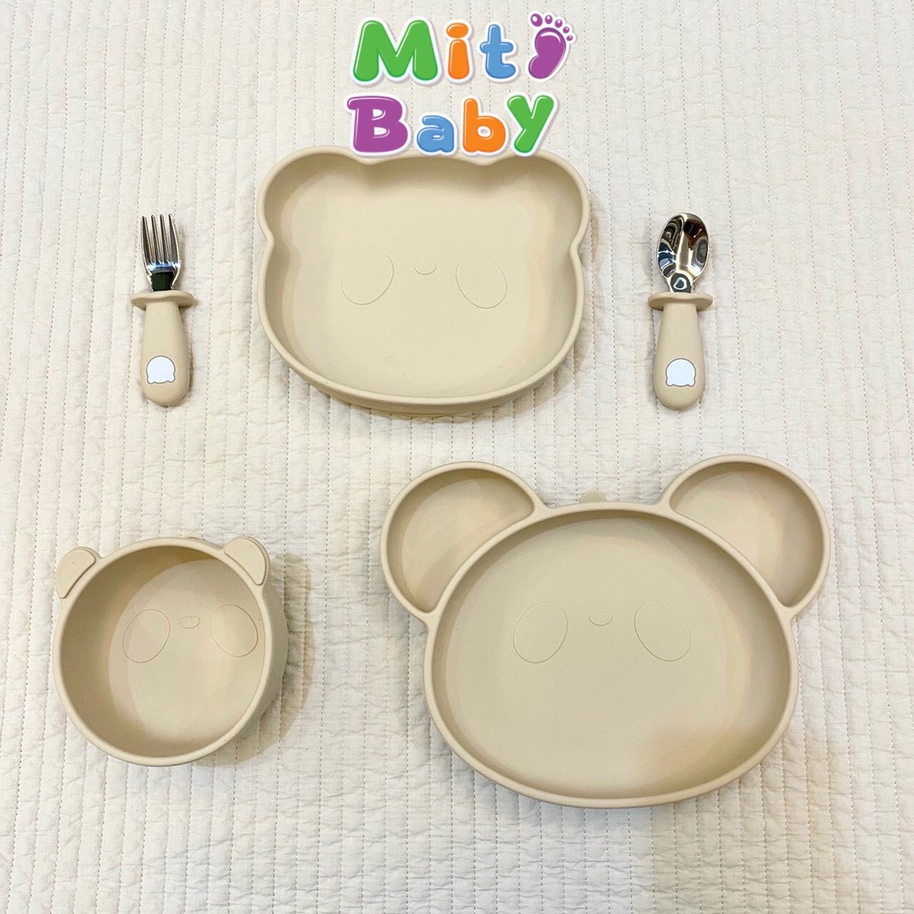 Bát đĩa ăn dặm cho bé, đĩa ăn dặm gấu hít sàn bar- rot