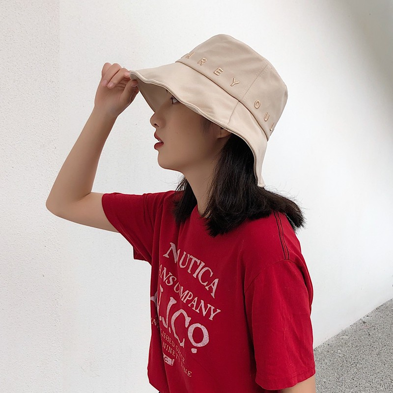 Nón Tai Bèo Vành Rộng Thêu Chữ Đơn Giản Thời Trang Nhật Bản Cho Nữ