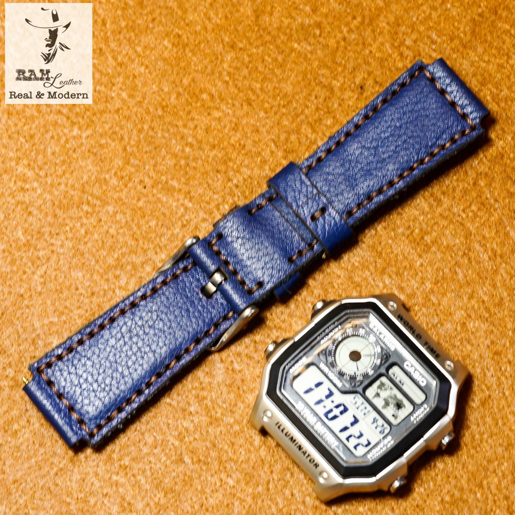 Dây đồng hồ RAM Leather 1958 cho CASIO 1200, AE 1200, 1300, 1100, A159 , A168 , Size 18 da bò mill xanh navy