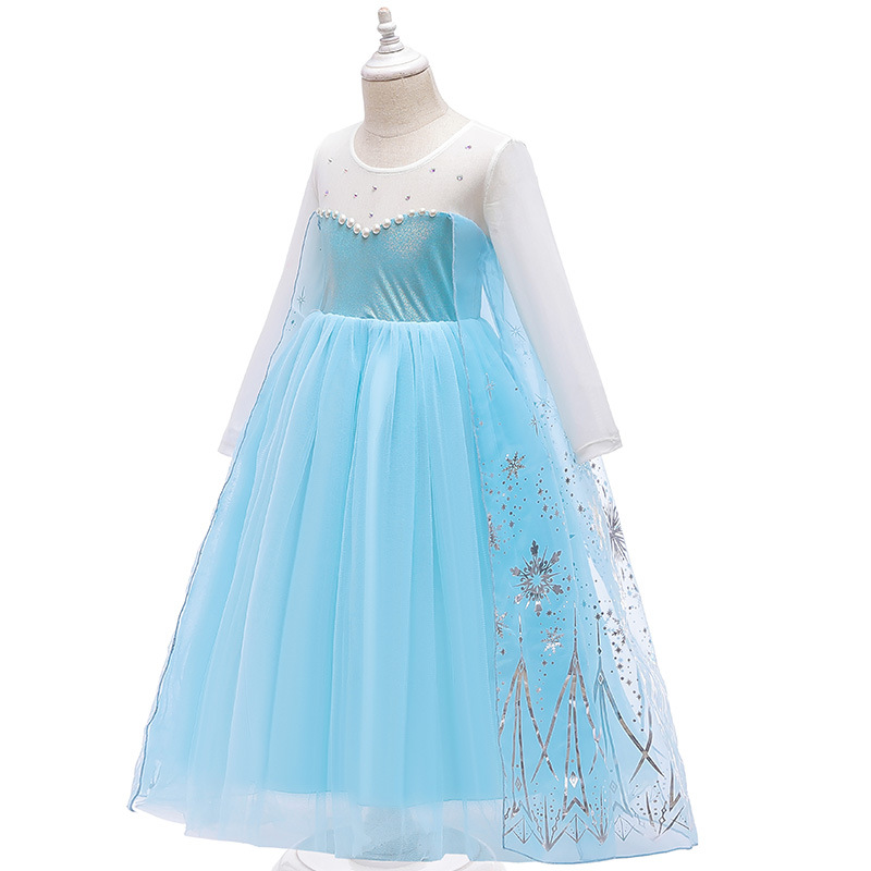 Đầm Maxi Tay Dài Màu Xanh In Hình Công Chúa Elsa Trong Phim Frozen 2