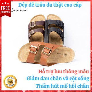 Dép nam đế trấu, quai da thật, hỗ trợ lưu thông máu, thấm hút mồ hôi chân, giảm đau chân và cột sống - Bảo hành 3 năm