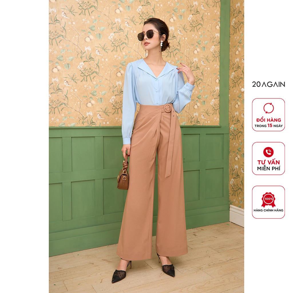 Áo Sơ Mi Cổ Bẻ Basic 20AGAIN voan xanh-trắng nhẹ nhàng nữ tính ASA1762