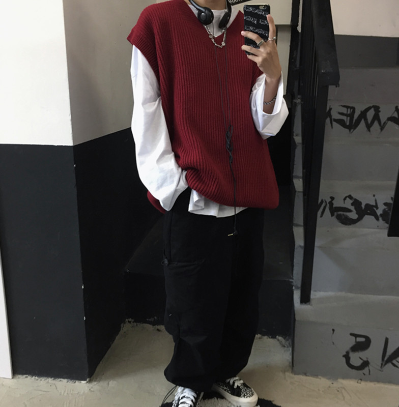 Áo dệt kim không tay chui đầu cổ V đơn giản thời trang Hàn Quốc cho nam nữ 223301