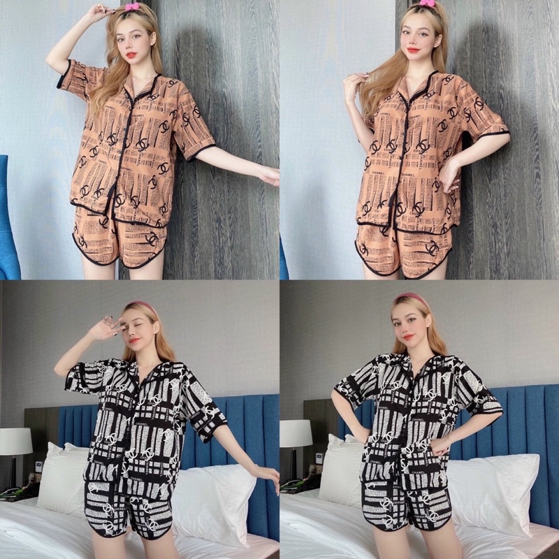 Bộ Pịama Lụa 100D Cổ Bẻ Đùi Hoạ Tiết Ảnh Thật